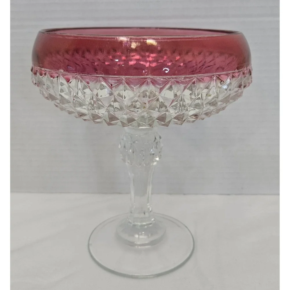 Vtg Indiana Glass Diamond Point Ruby Flash Pedestal Compote Candy Dish 7.25